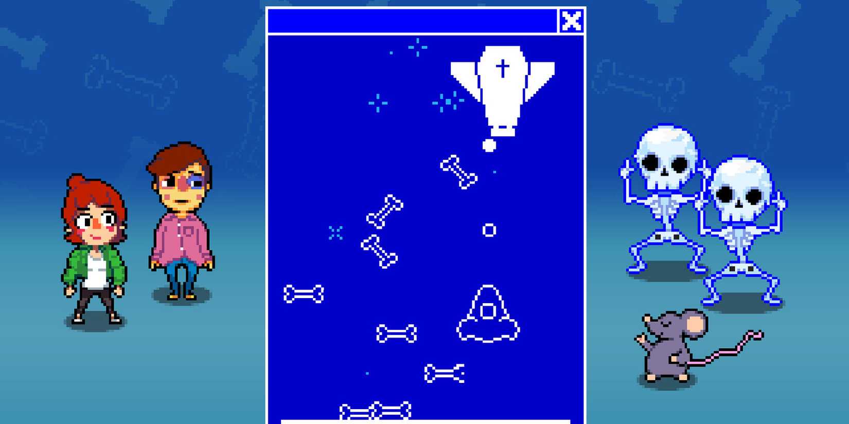 Combat against two skeletons involving a Galaga-style minigame