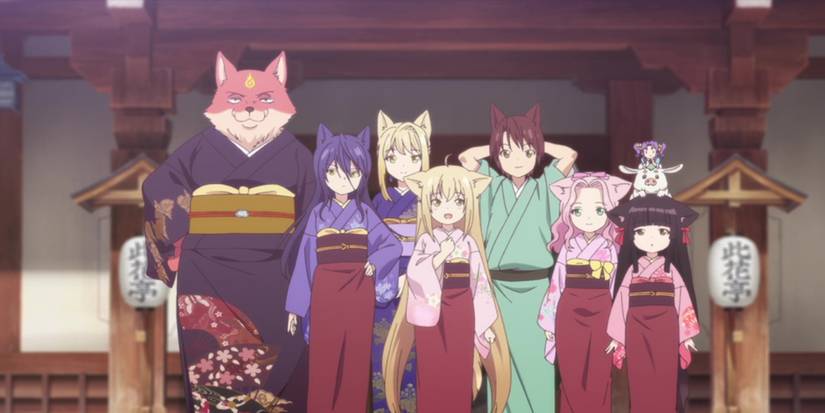 Konohana Kitan - The workers of the inn standing together.