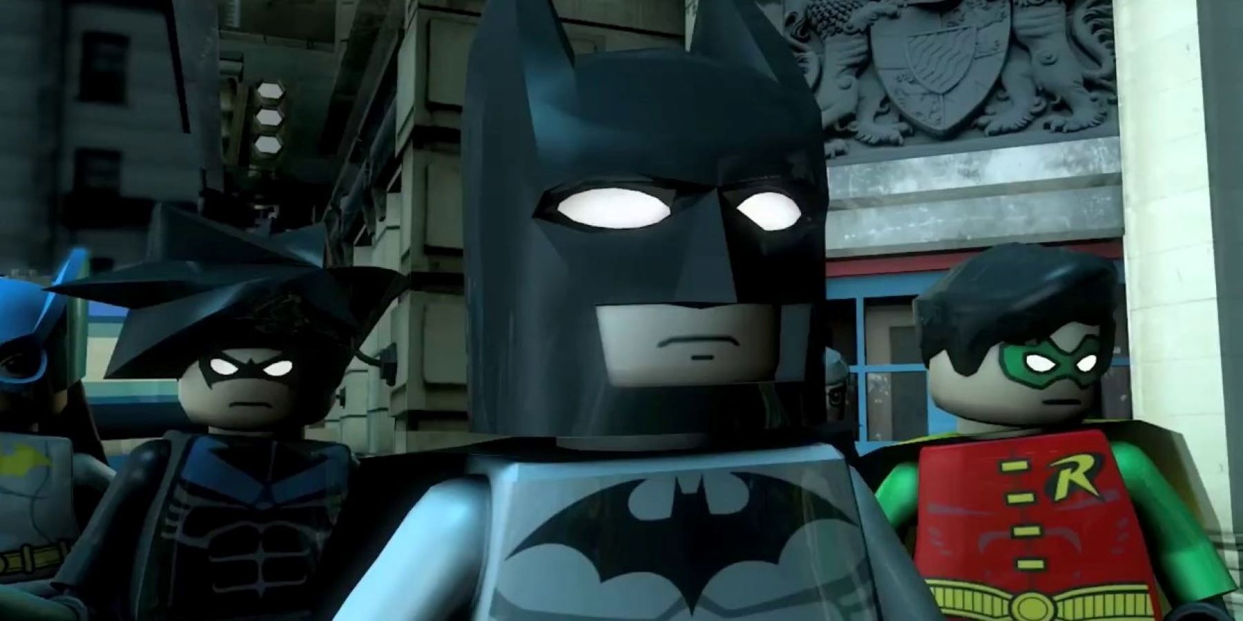 Batman, Batgirl, Nightwing, and Robin in a LEGO Batman game