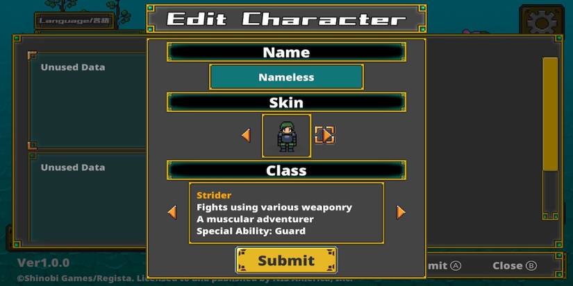 The character creator in Labyrinth Legend