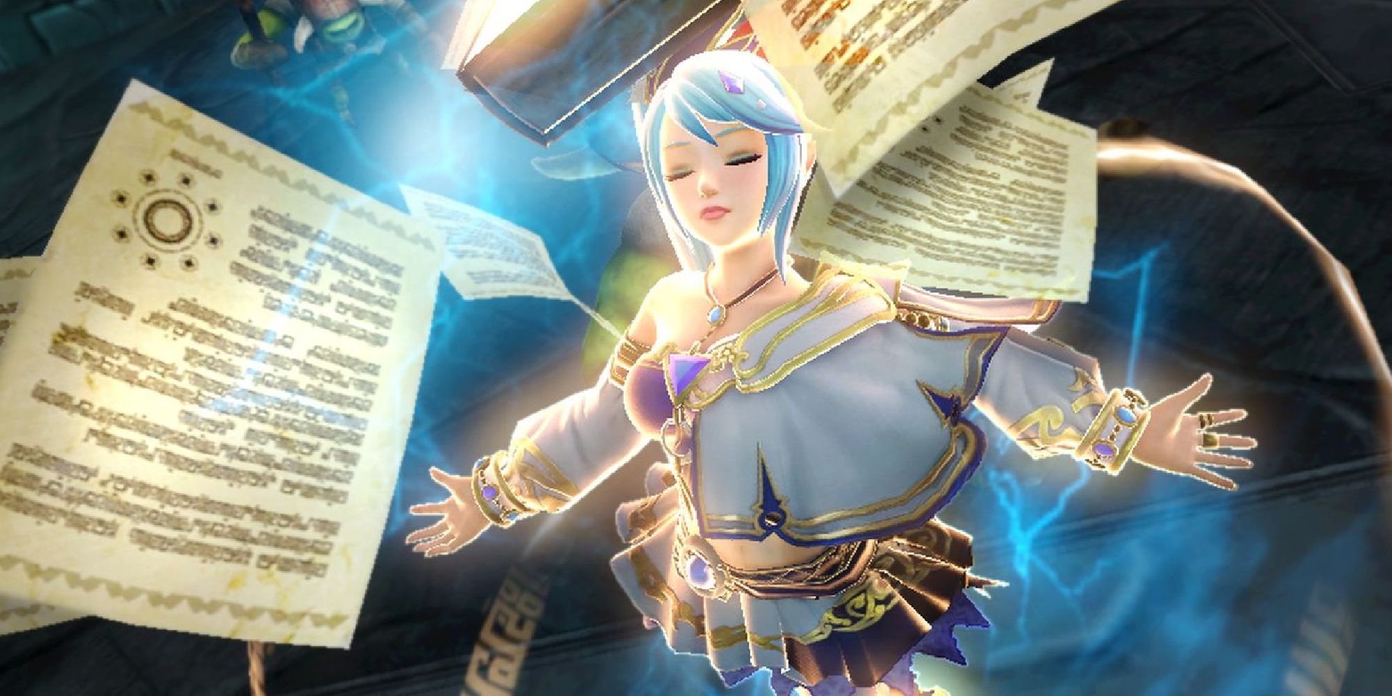 Lana casting a spell surrounded by papers in Hyrule Warriors