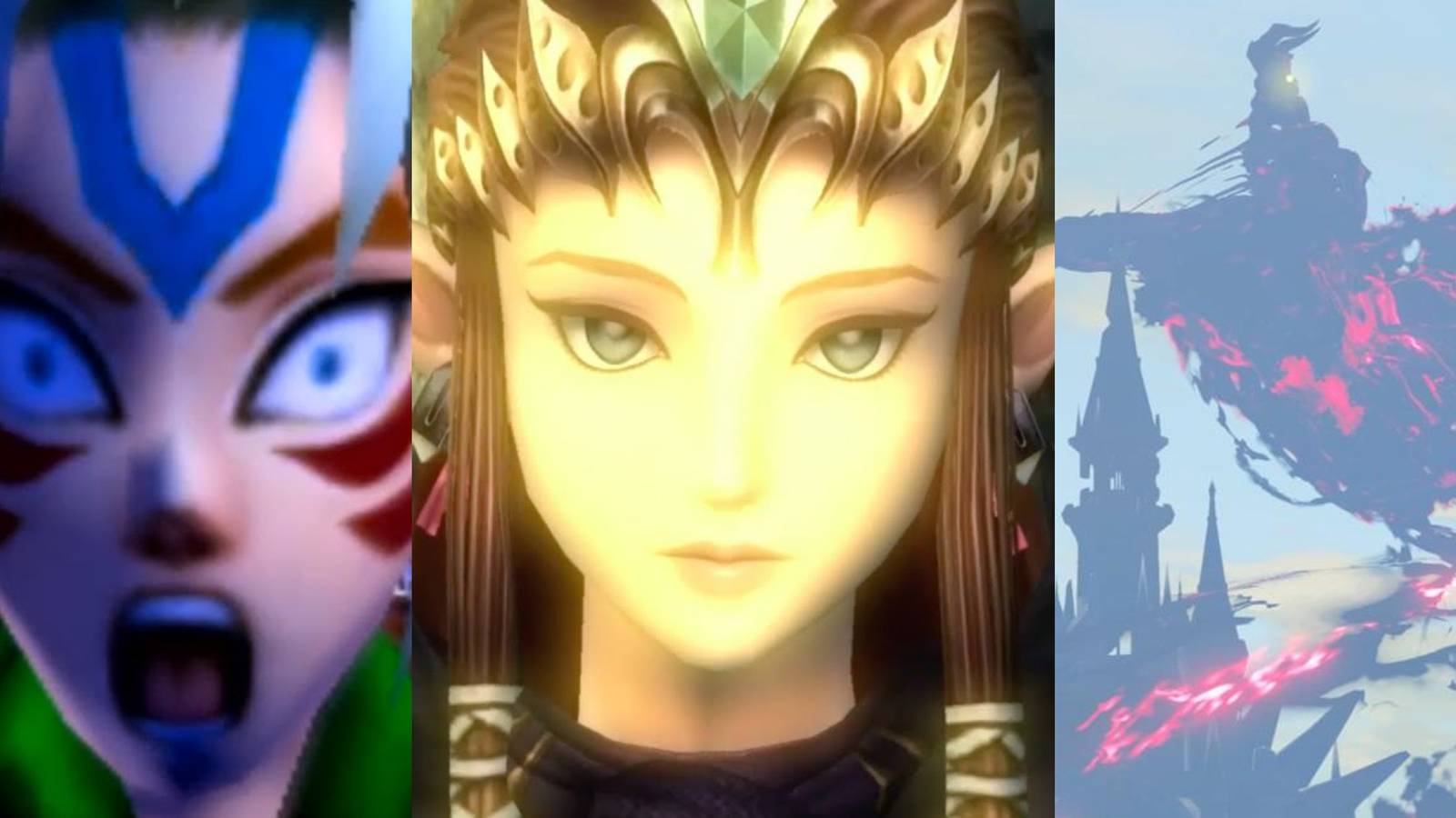 Link transforming into Fierce Deity Link in Majora's Mask; Princess Zelda in Twilight Princess; Calamity Ganon surrounding Hyrule Castle in Breath of the Wild