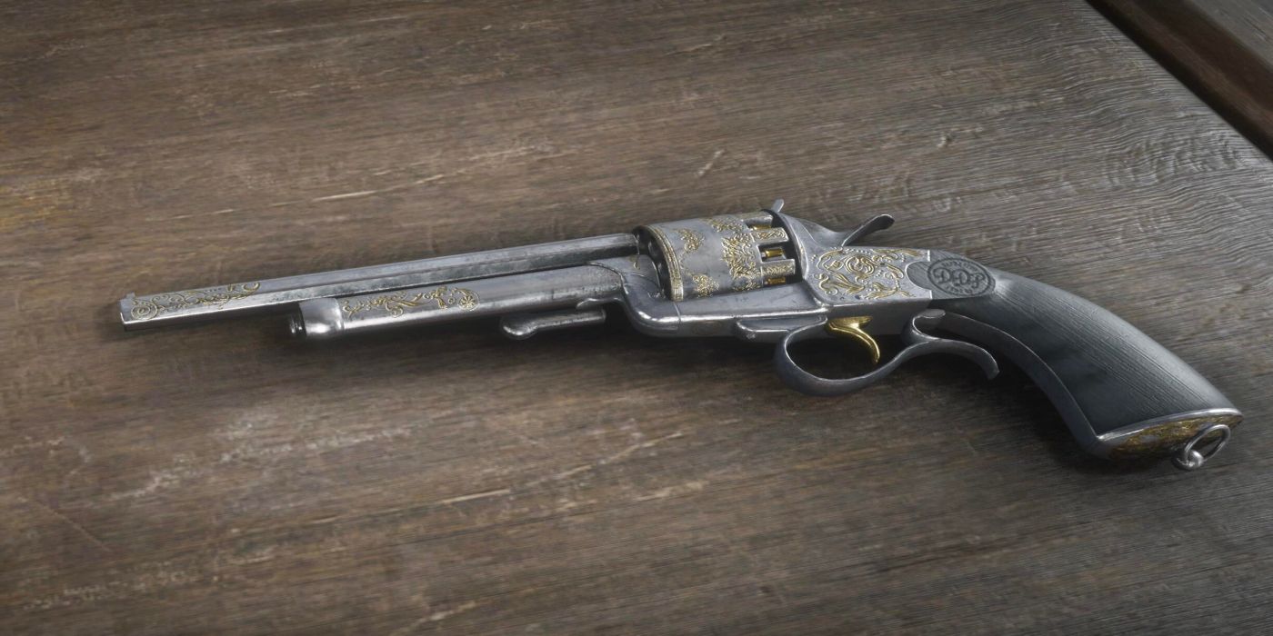 Red Dead Redemption 2 Lemat revolver on the gun store table