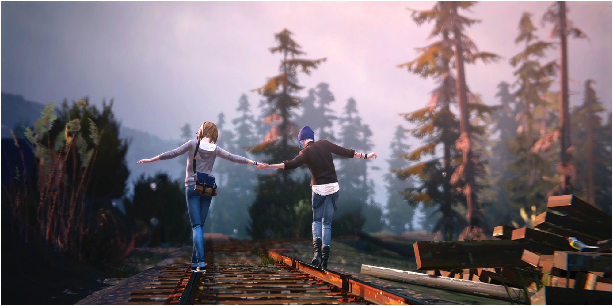 Life Is Strange Chloe And Max Holding Hands On A Train Track