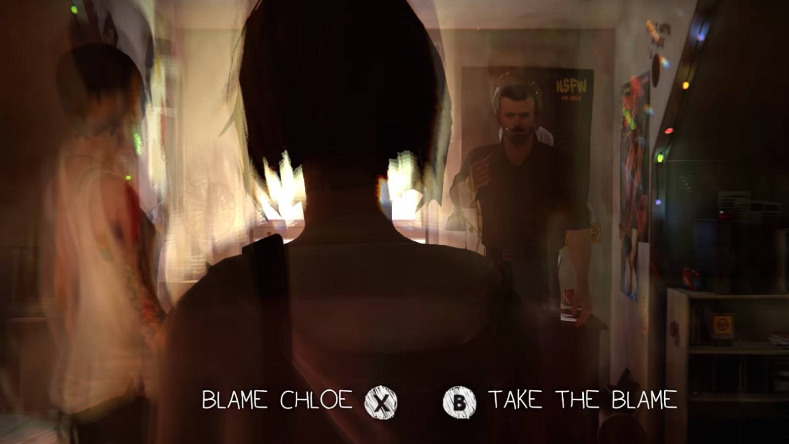 Chloe Max and David in Chloe's room during episode 1 of Life is Strange