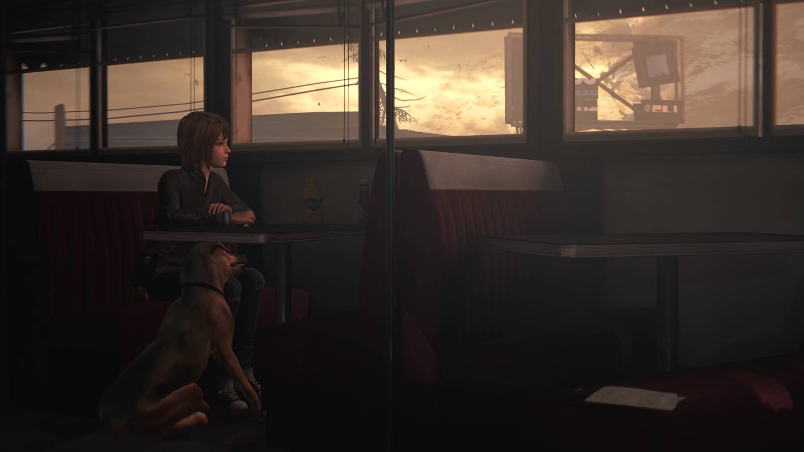 Max and Pompidou looking at the tornado outside of the diner window during episode 5 of Life is Strange