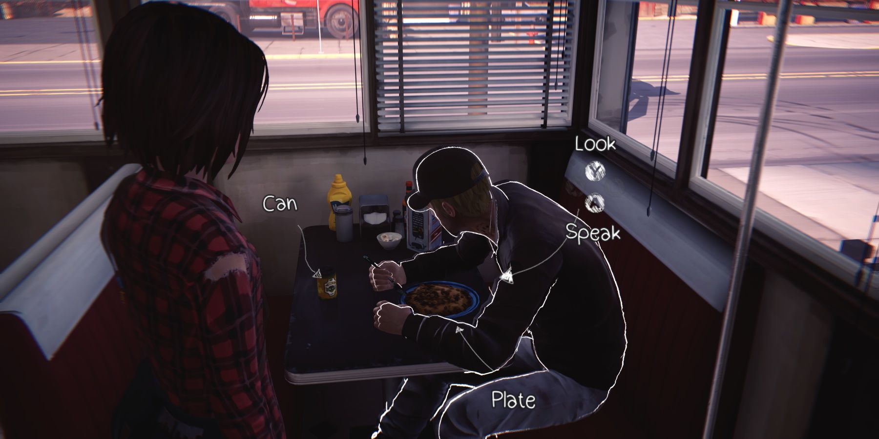 Max looking at Frank eating at his booth during episode 3 of Life is Strange Remastered