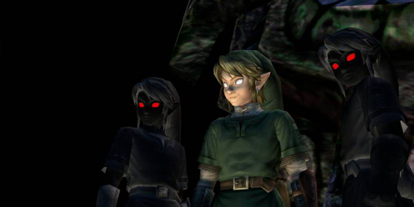 A blank-eyed Link standing near Dark Link-resembling Interlopers in Twilight Princess