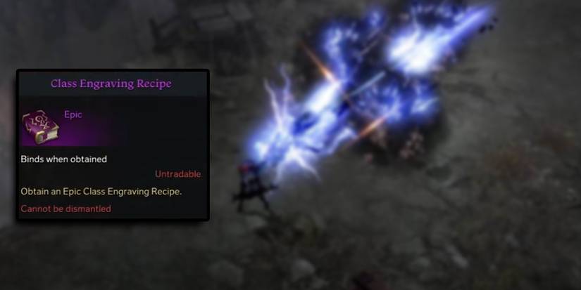 Lost Ark - Purple Engraving Book Description Overlaid On Image Of Artillerist Using Skills In-Game