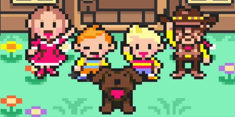 Lucas, Claus, and Boney standing with their family in Mother 3