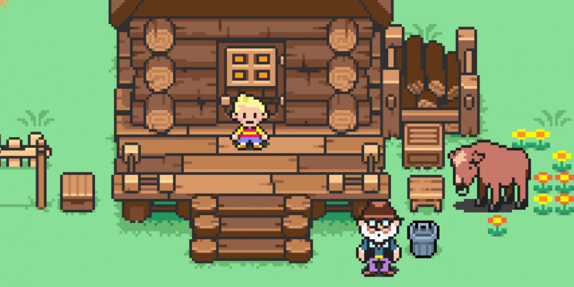 Lucas exiting a log cabin in Mother 3