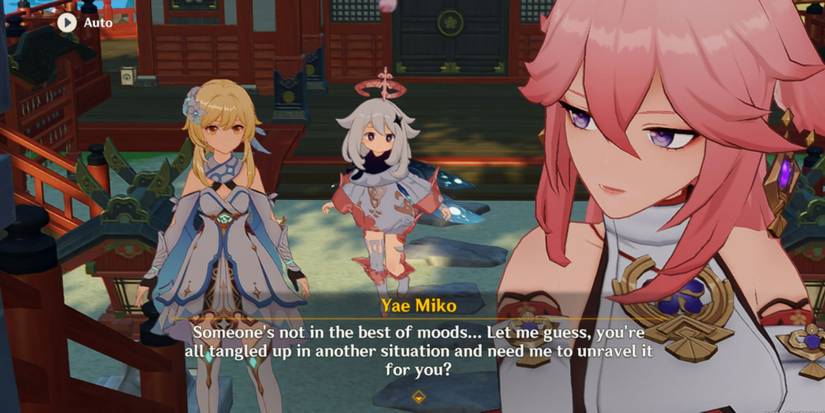 Lumine talking to Yae Miko