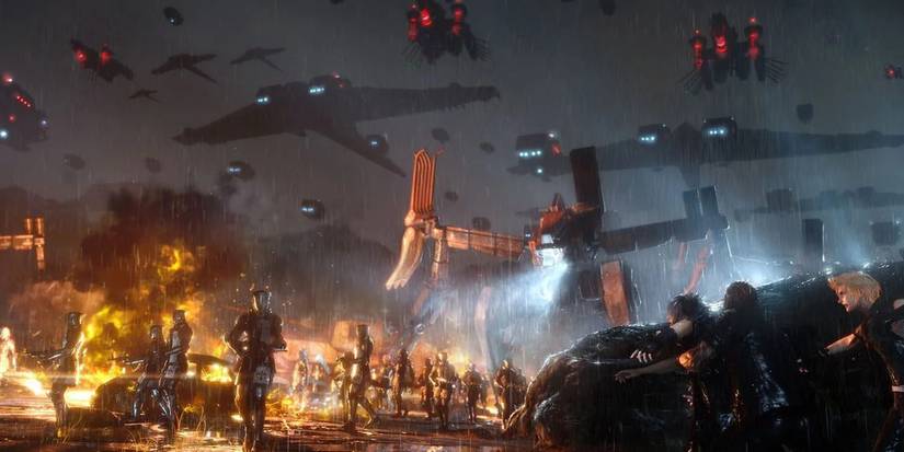 The Nilfgard Empire attacks in Final Fantasy 15. A soldier in high-tech gear strides forward as the landscape burns behind him. Main character Noctis hides behind some debris.