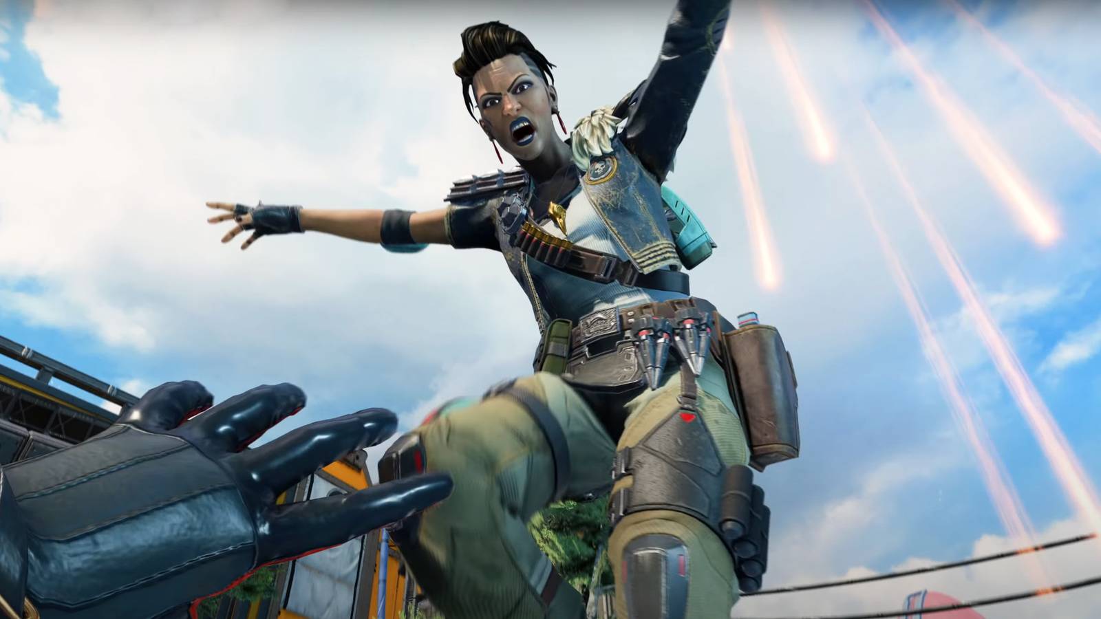 Mad Maggie finishing Wraith on Olympus as Gibraltar's airstrike lands, in Apex Legends.
