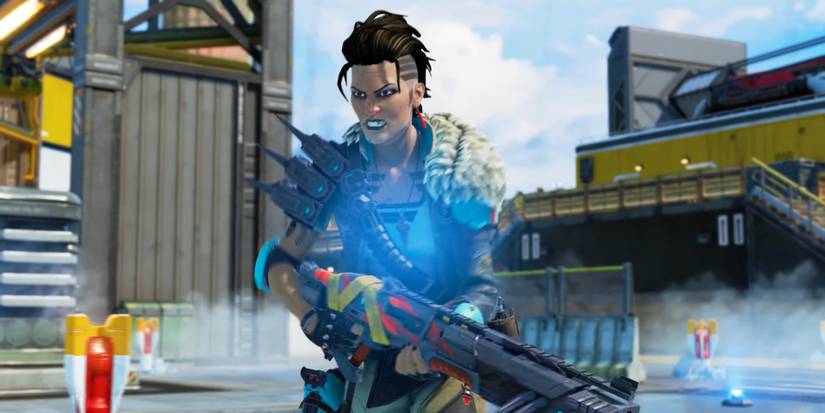 Mad Maggie, carrying a shotgun, runs through Olympus as Bangalore's airstrike lands around her in Apex Legends