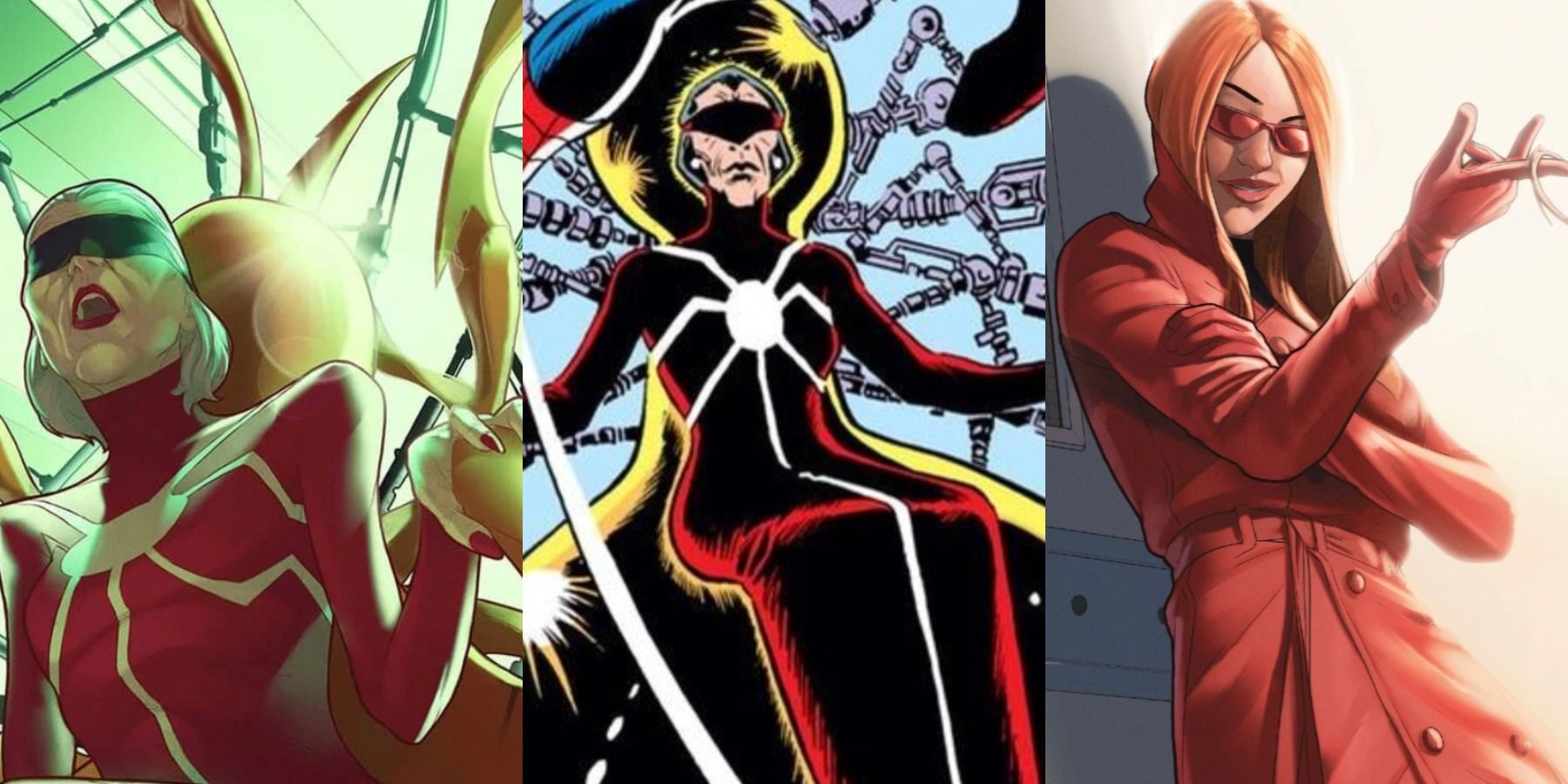 A split image depicts three different versions of Madame Web in Marvel comics