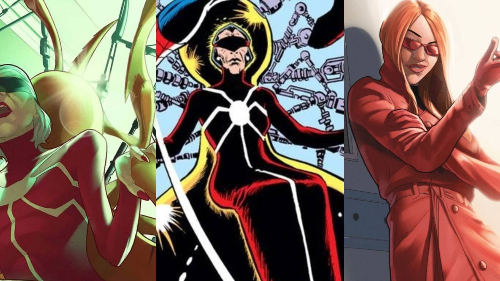 A split image depicts three different versions of Madame Web in Marvel comics