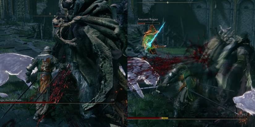 Margit the fell omen receiving a visceral attack in elden ring