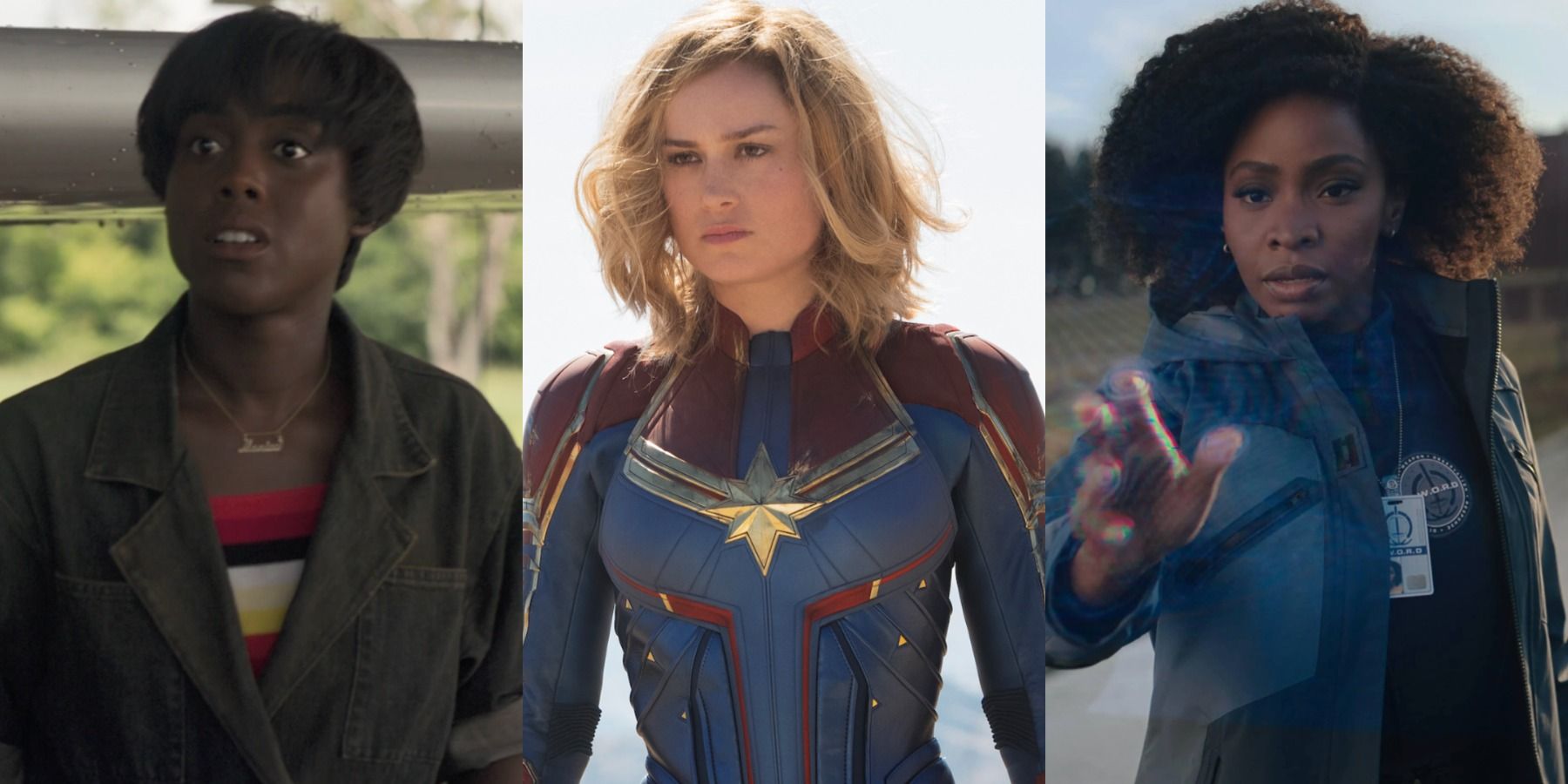 A split image features Maria Rambeau, Carol Danvers, and Monica Rambeau in the MCU