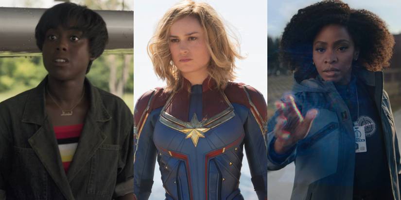 A split image features Maria Rambeau, Carol Danvers, and Monica Rambeau in the MCU