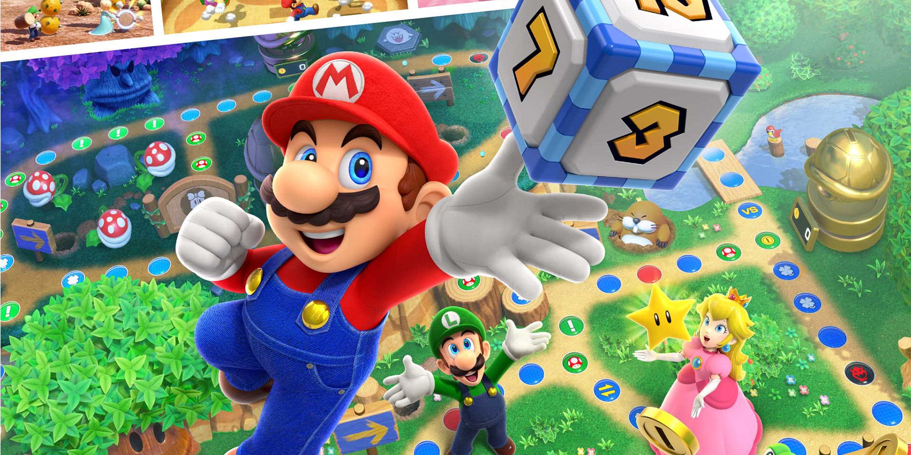 Mario Party Superstars promo of Mario leaping to grab dice in grassy board game