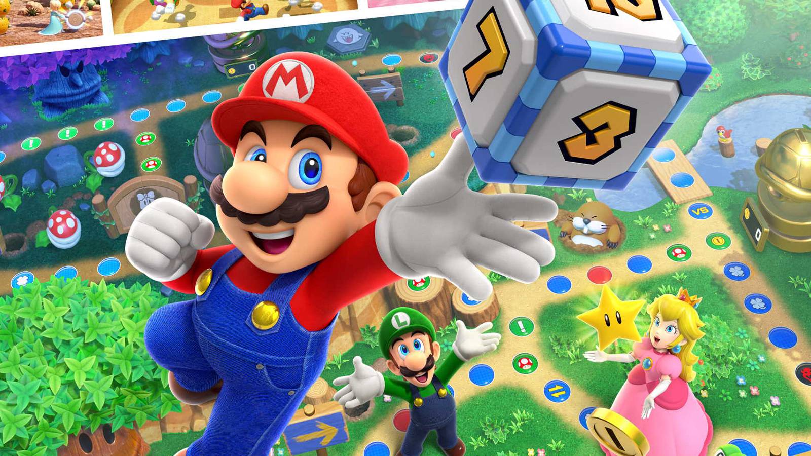 Mario Party Superstars promo of Mario leaping to grab dice in grassy board game