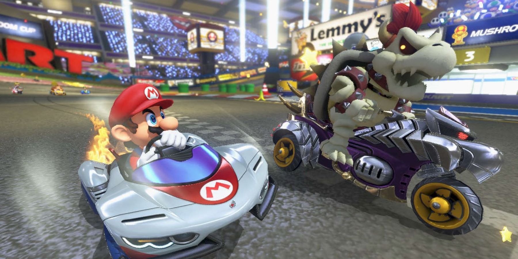 Mario and Dry Bowser racing next to each other in Mario Kart 8 Deluxe