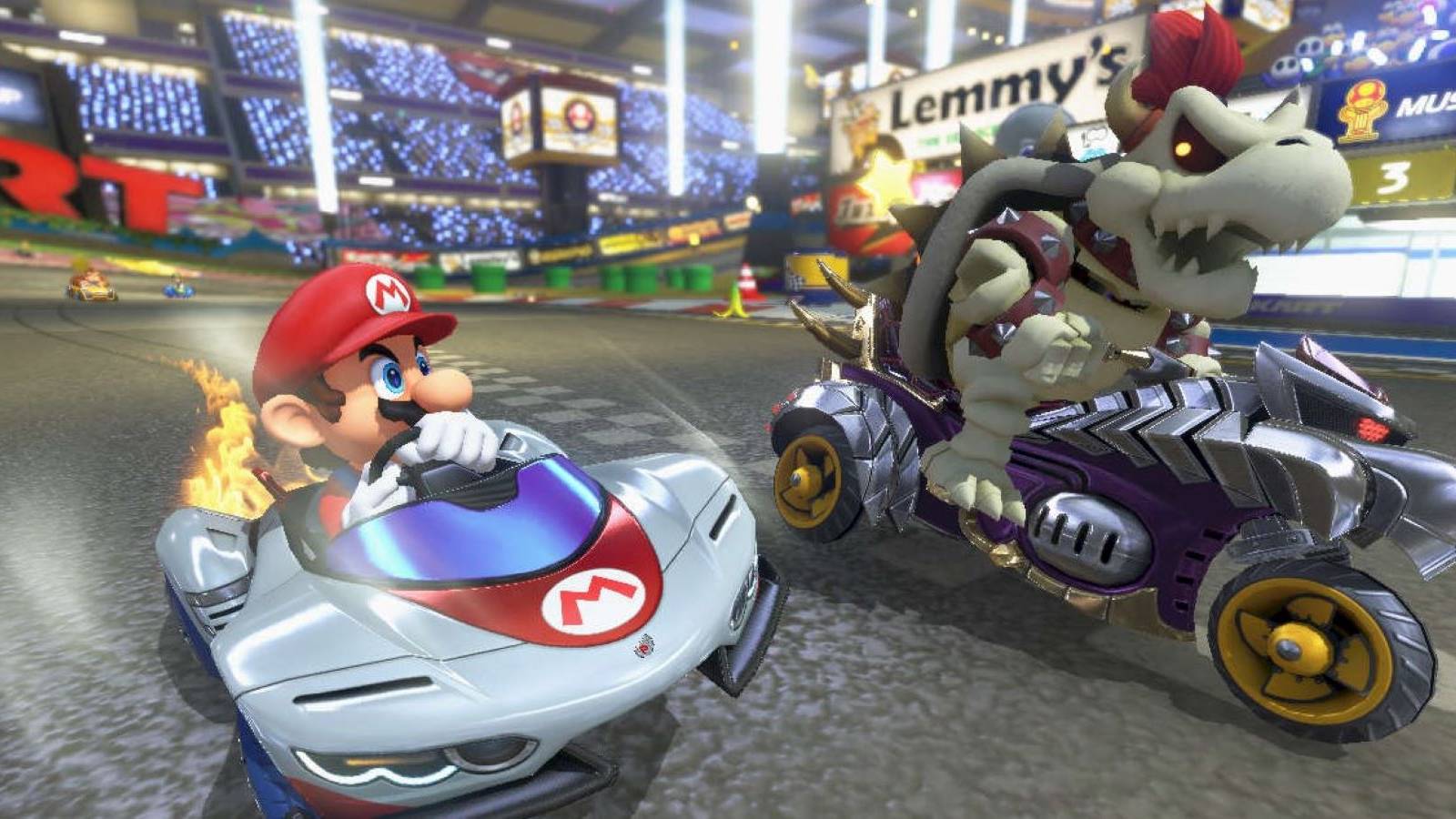 Mario and Dry Bowser racing next to each other in Mario Kart 8 Deluxe