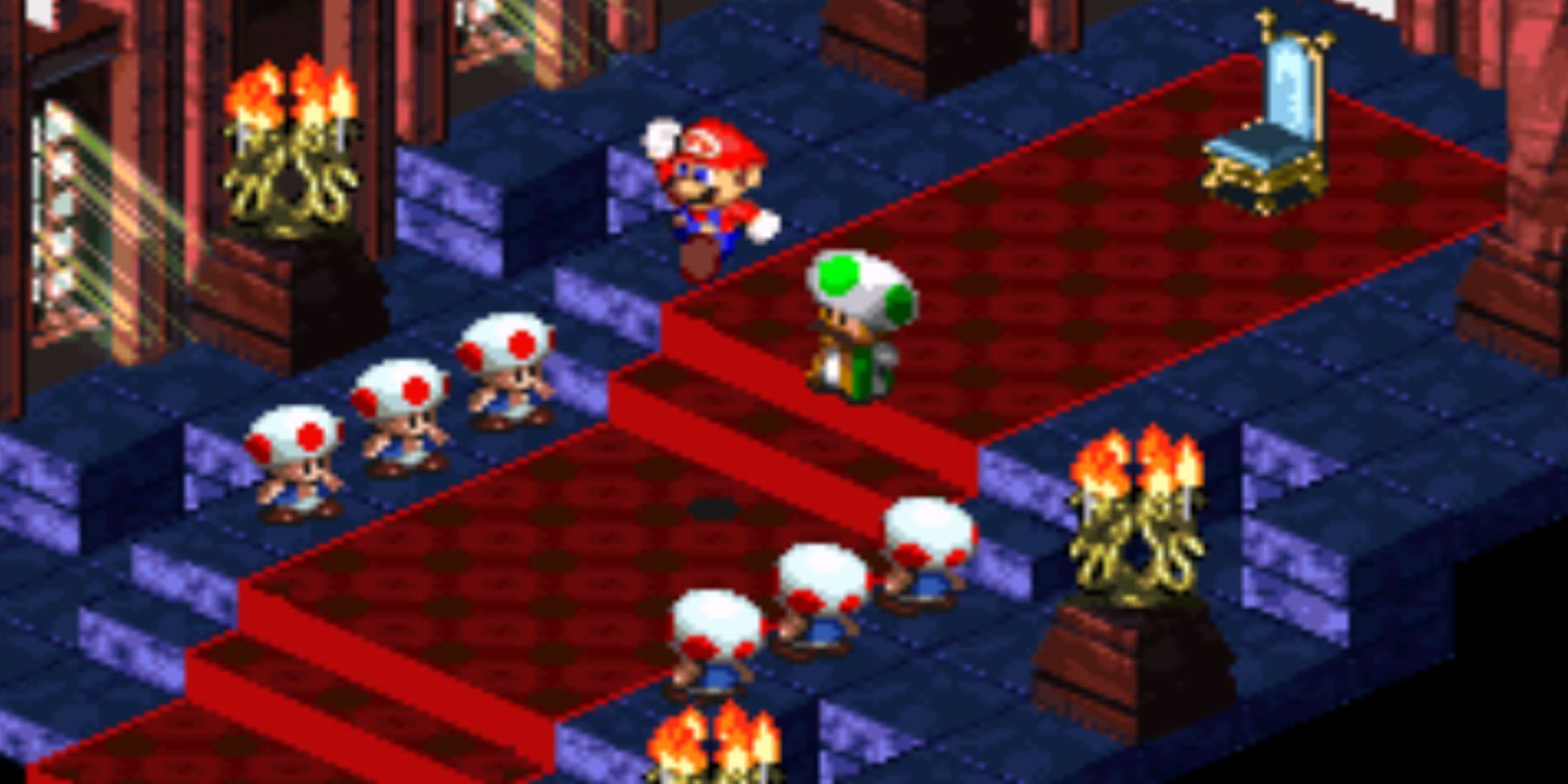 Mario and several Toads in the throne room of Peach's Castle in Super Mario RPG: Legend of the Seven Stars