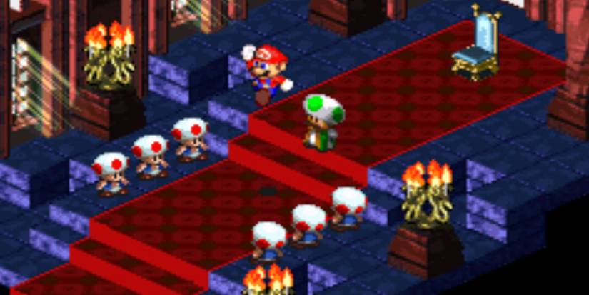 Mario and several Toads in the throne room of Peach's Castle in Super Mario RPG: Legend of the Seven Stars