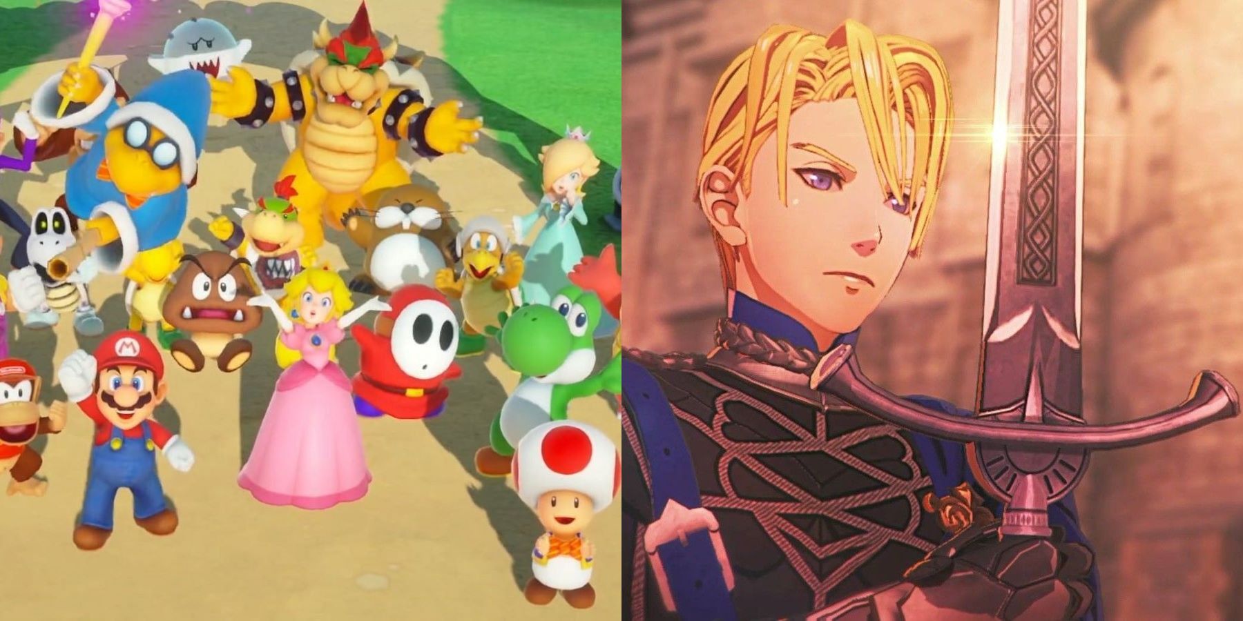 The cast of Super Mario Party next to Dimitri from Fire Emblem Warriors: Three Houses
