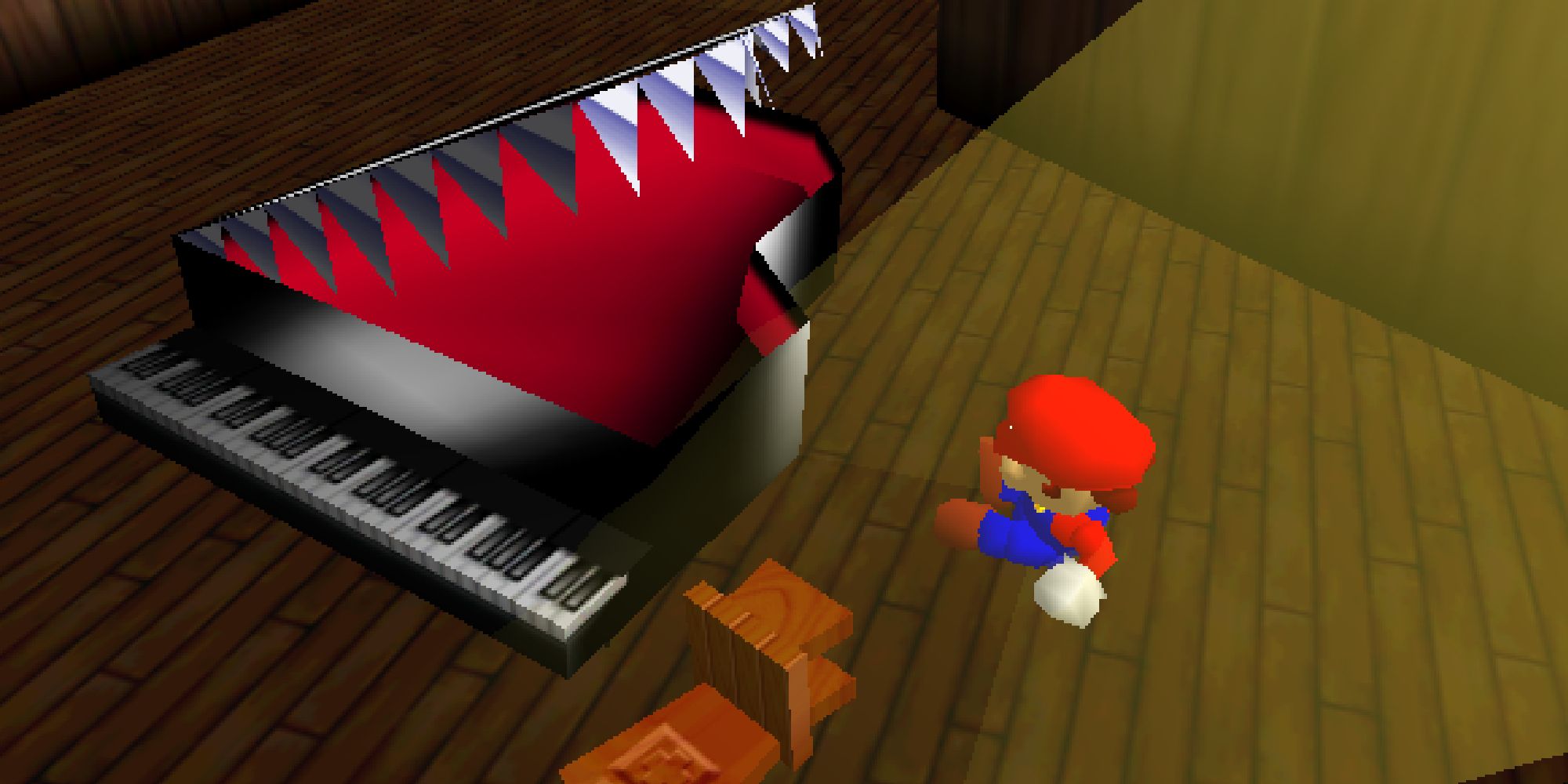 Mario being attacked by the Mad Piano in Boo's Big Haunt