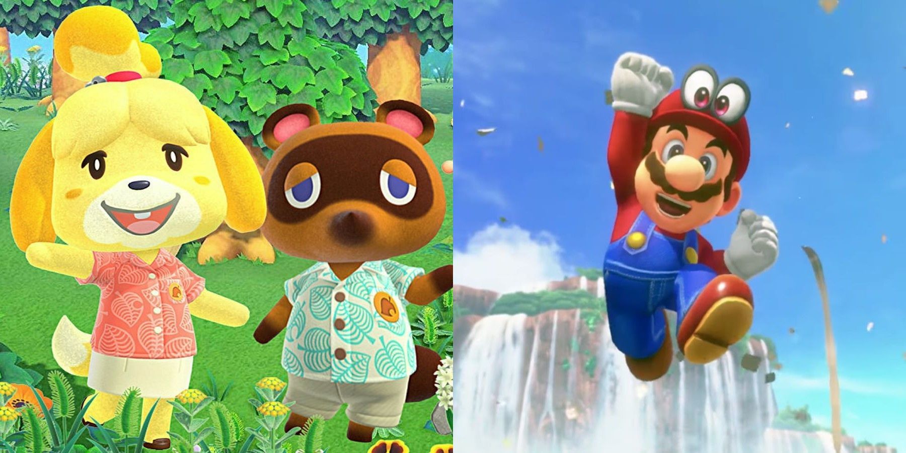 Isabelle and Tom Nook from Animal Crossing: New Horizons next to Mario in Super Mario Odyssey