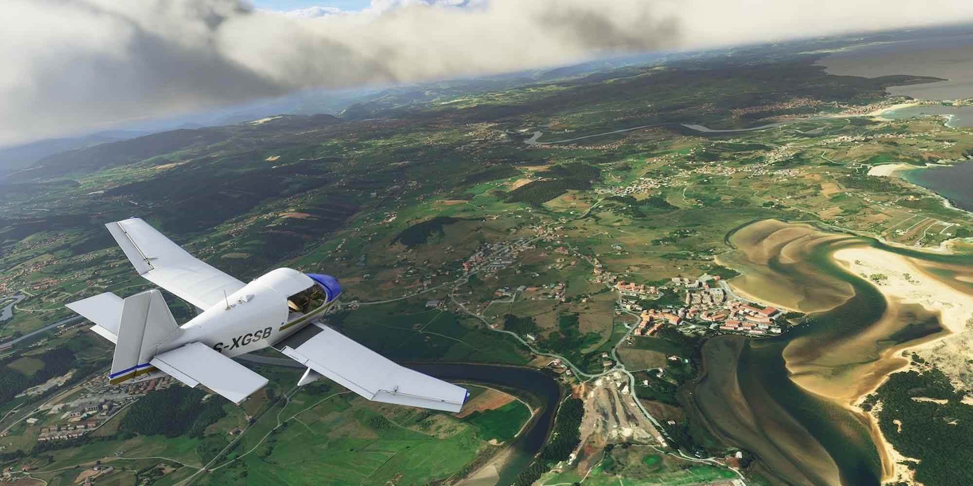 Flying over a river town in Microsoft Flight Simulator