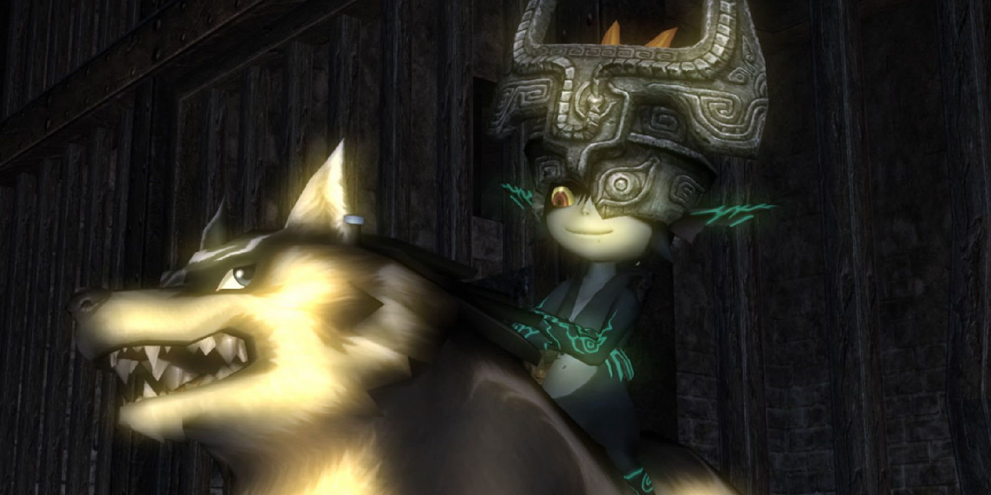 Midna riding Wolf Link in a prison in Twilight Princess HD