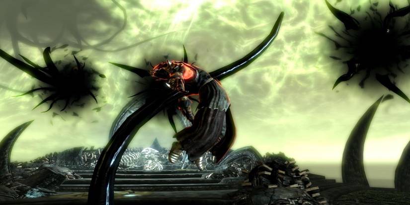 Miraak being stabbed by Hermaeus Mora's tentacle.