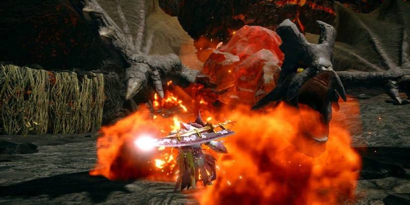 A hunter being attacked by a Basarios's flame powder