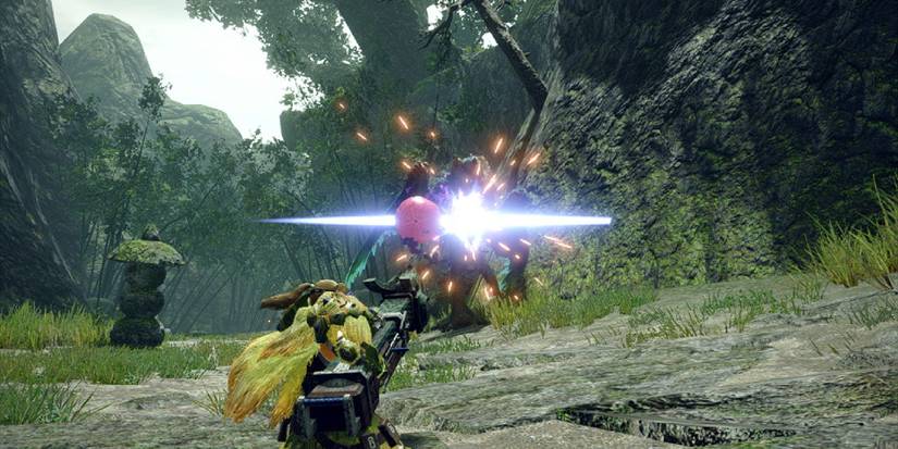 A Light Bowgun user firing at a Pukei-Pukei