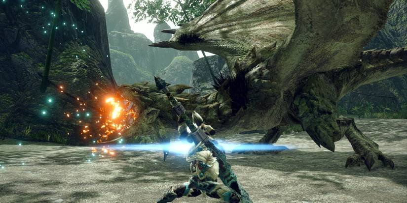 A Bow user charging their move against a Rathian