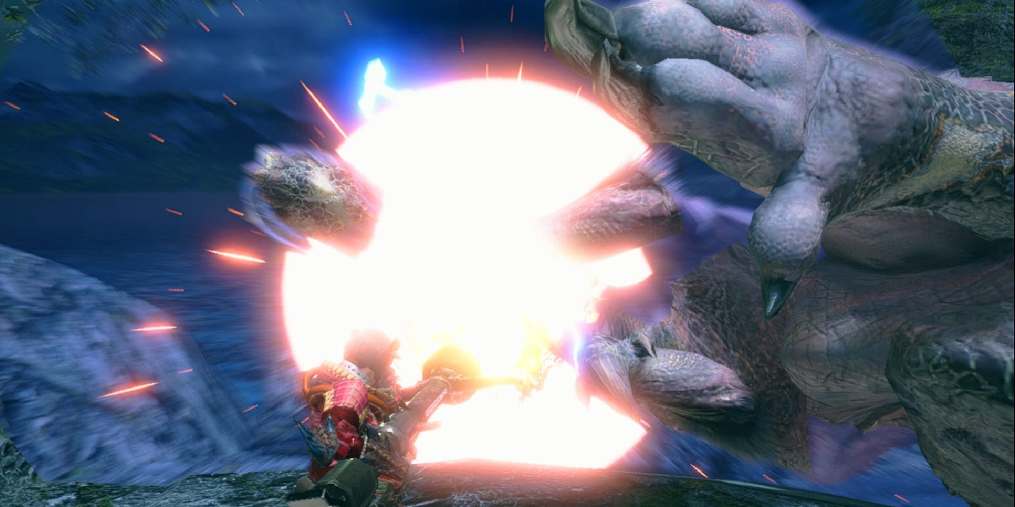 A Sticky Ammo shot exploding on a Rathalos mid-battle