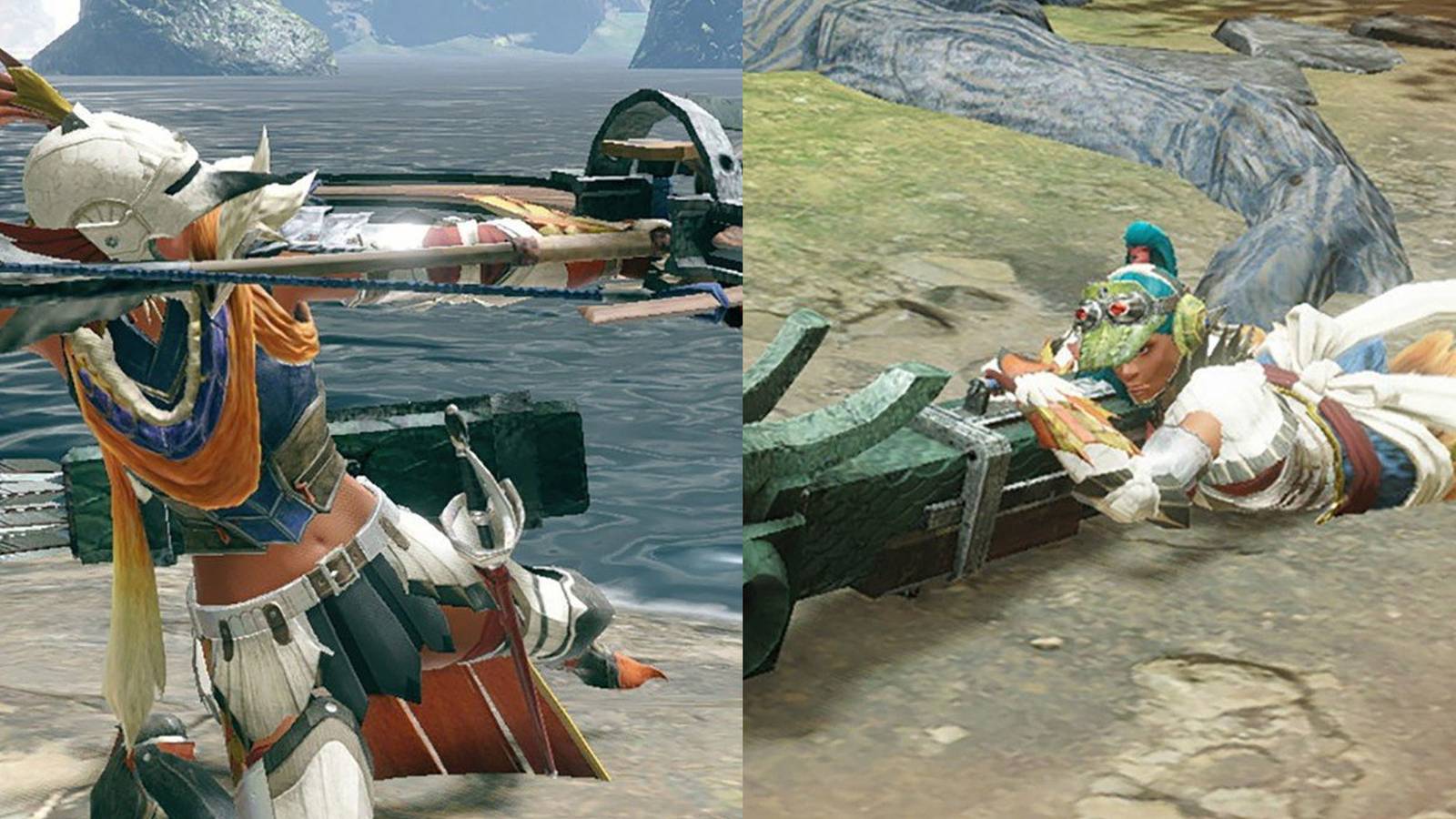 Bow user charging their shot; Heavy Bowgun user on the ground aiming