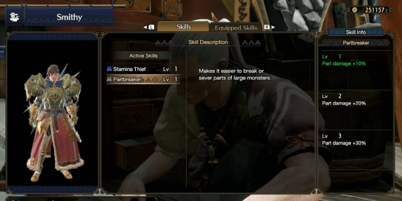 The Partbreaker skill in Smithy menus in Monster Hunter Rise