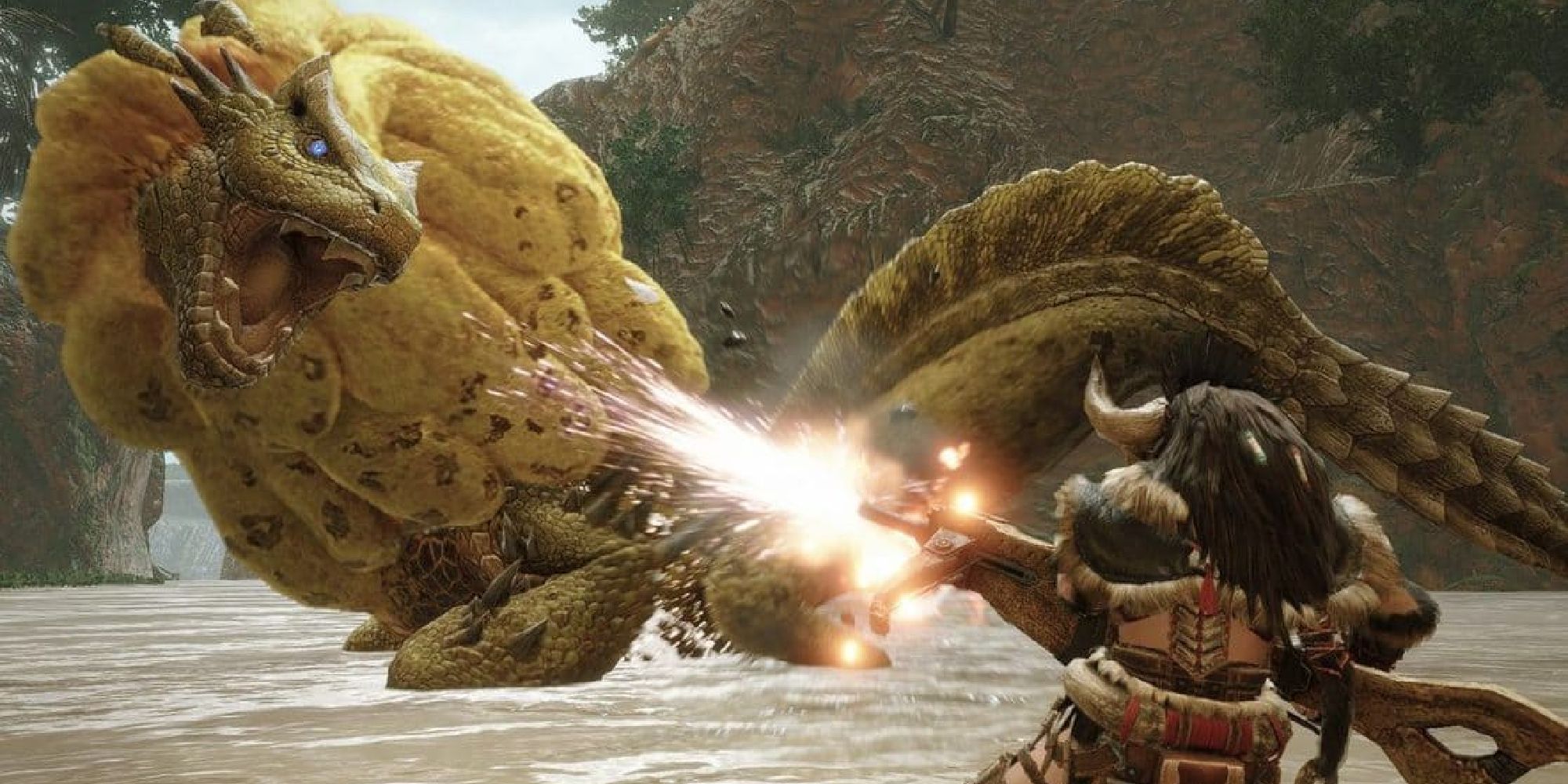 A Bowgun user firing at a Royal Ludroth in Monster Hunter Rise