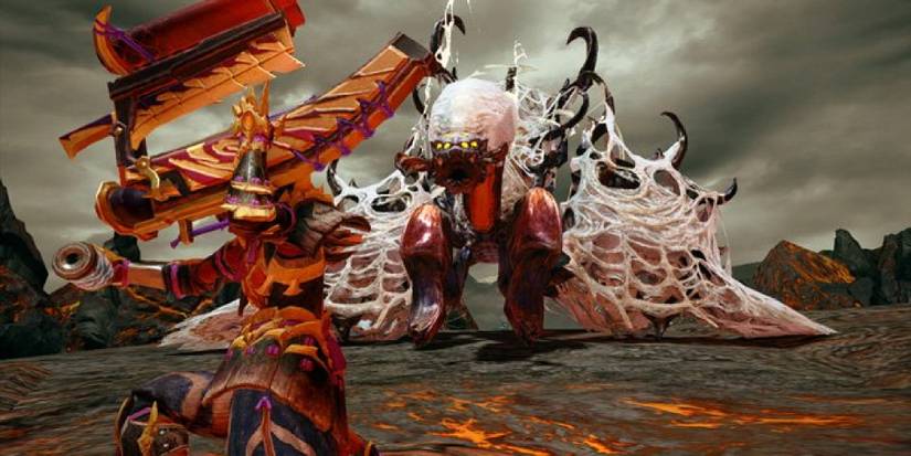 A Bowgun user reloading in front of a Rakna Kadaki in Monster Hunter Rise