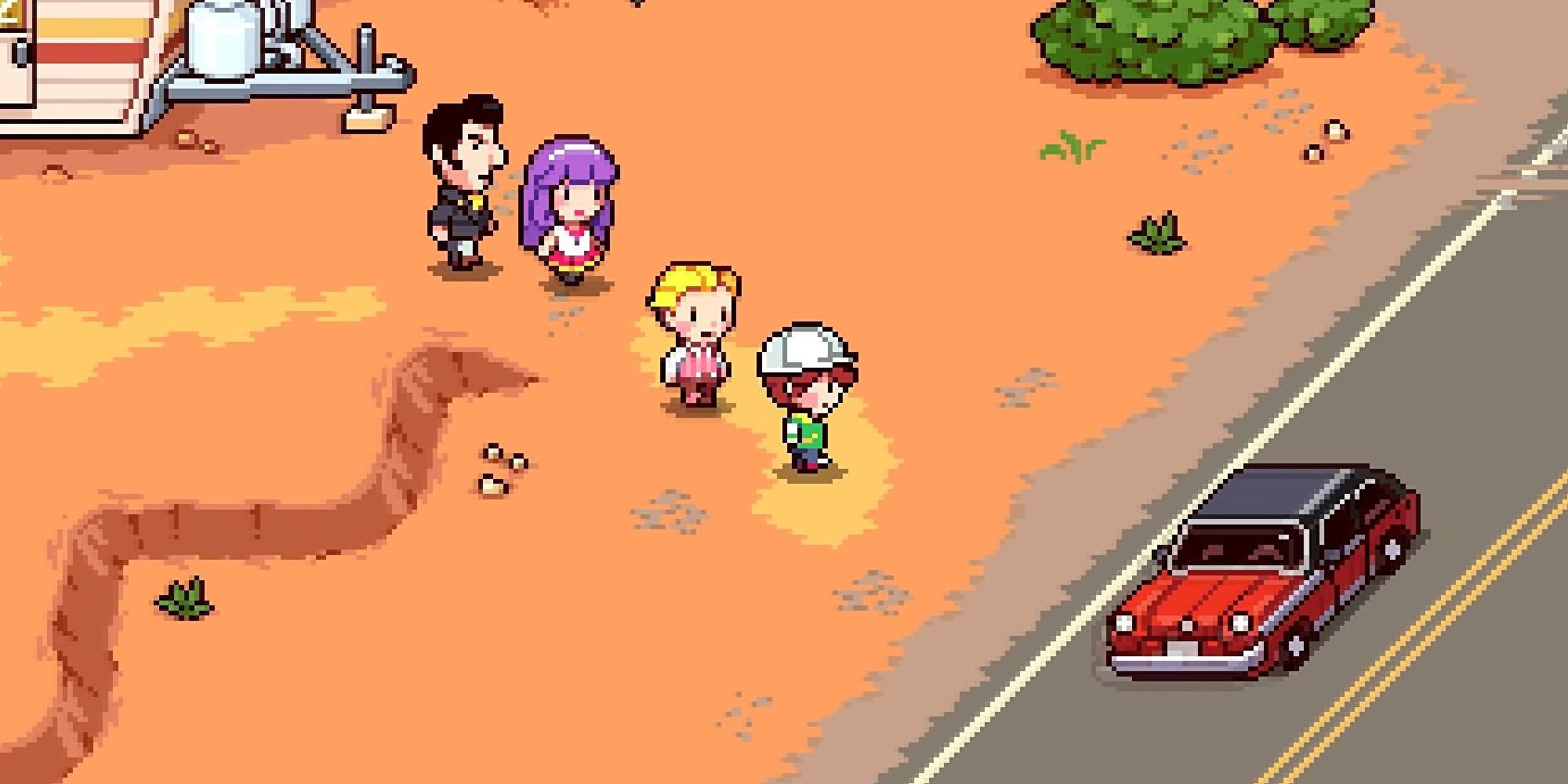 The overworld of Oddity, formerly Mother 4, showing the characters near a roadside