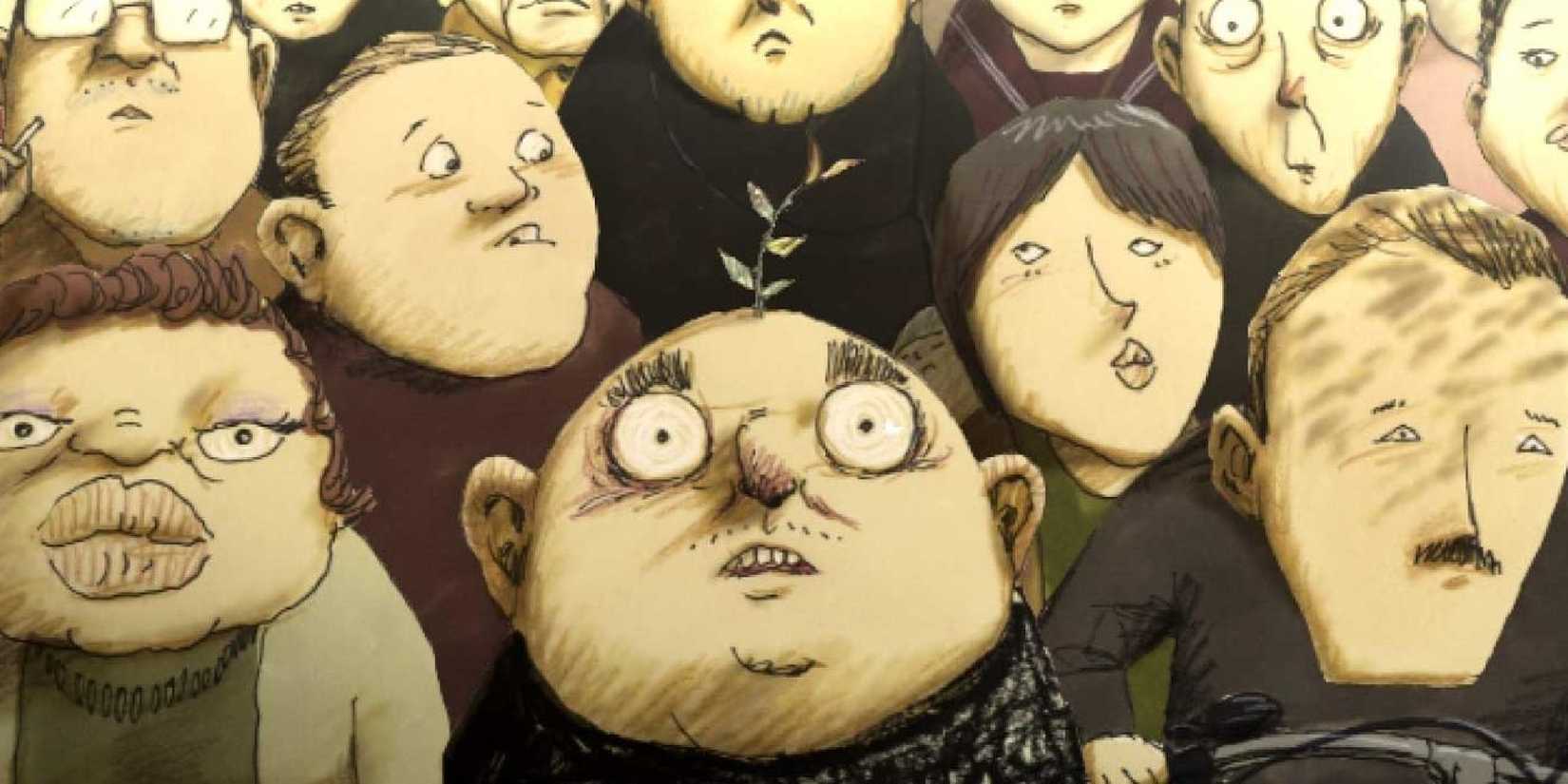 A man in a crowd with a sapling growing from his head