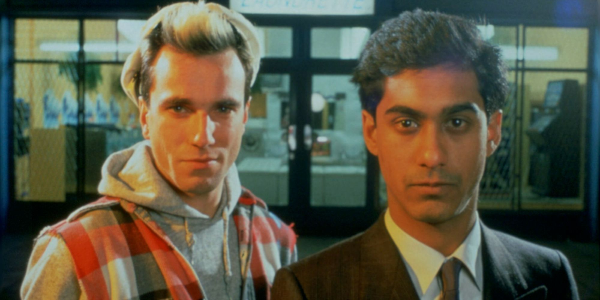 Closeup of Daniel Day-Lewis and his costar in My Beautiful Laundrette