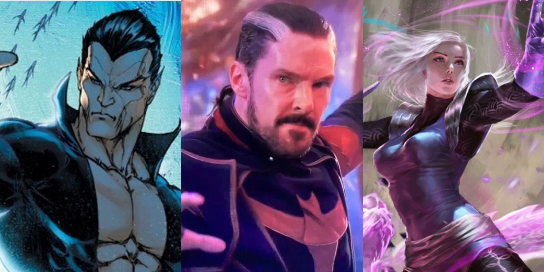 A split image features Namor in Marvel comics, Doctor Strange in the MCU, and Clea in Marvel comics