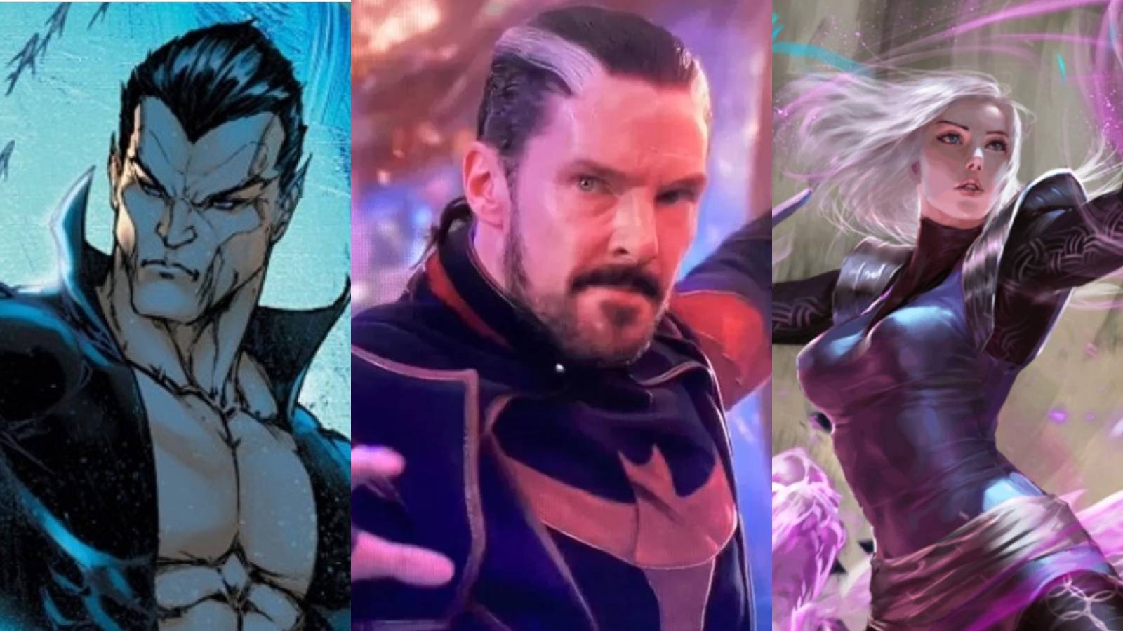 A split image features Namor in Marvel comics, Doctor Strange in the MCU, and Clea in Marvel comics