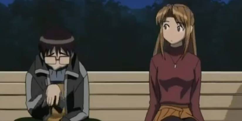 Naru Narusegawa and Keitaro Urashima on a bench